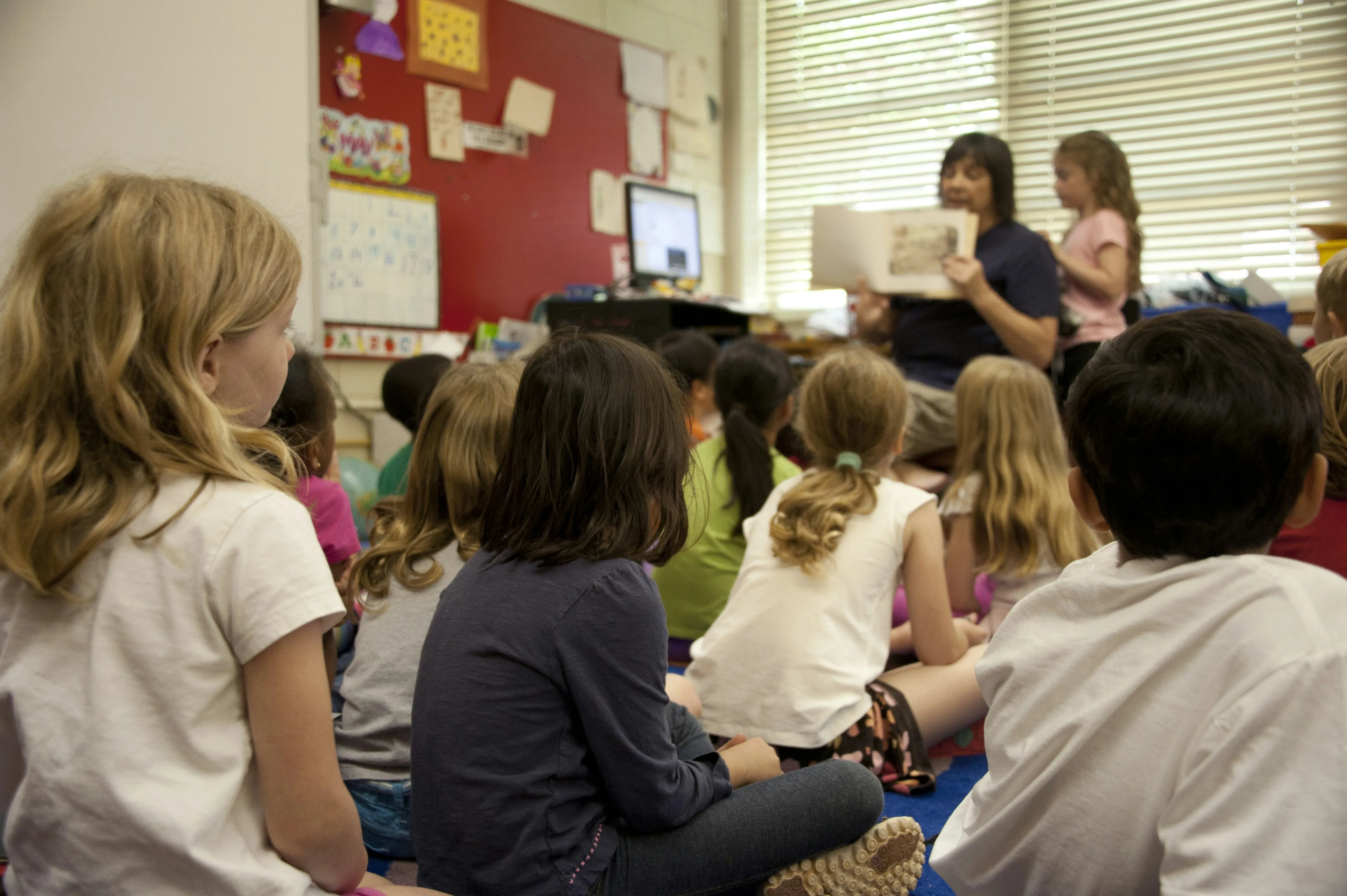 an adult reading a book to children